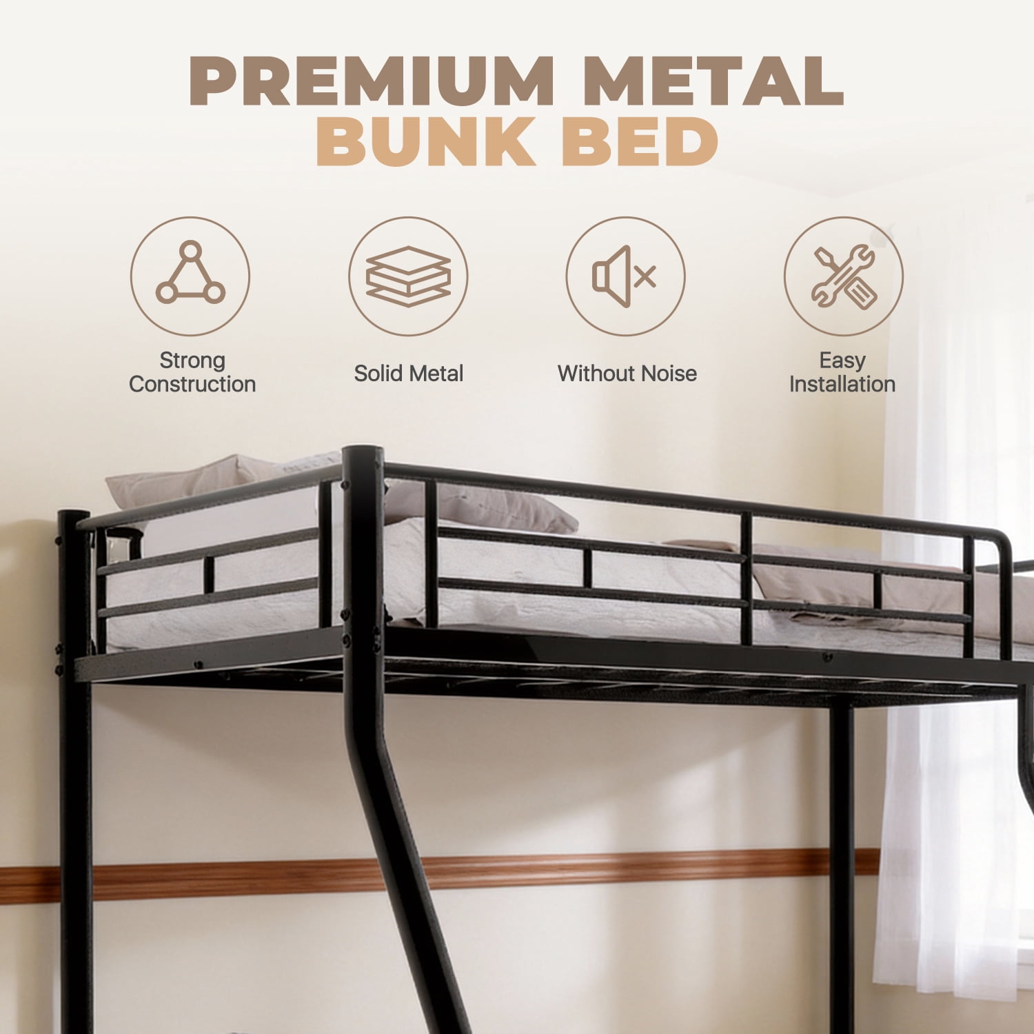 BaPiPro Metal Bunk Bed Twin Over Full Size with Removable Stairs, Heavy Duty Metal Frame with 12" Under-Bed Storage for Teens & Adults, No Box Spring Needed, Black