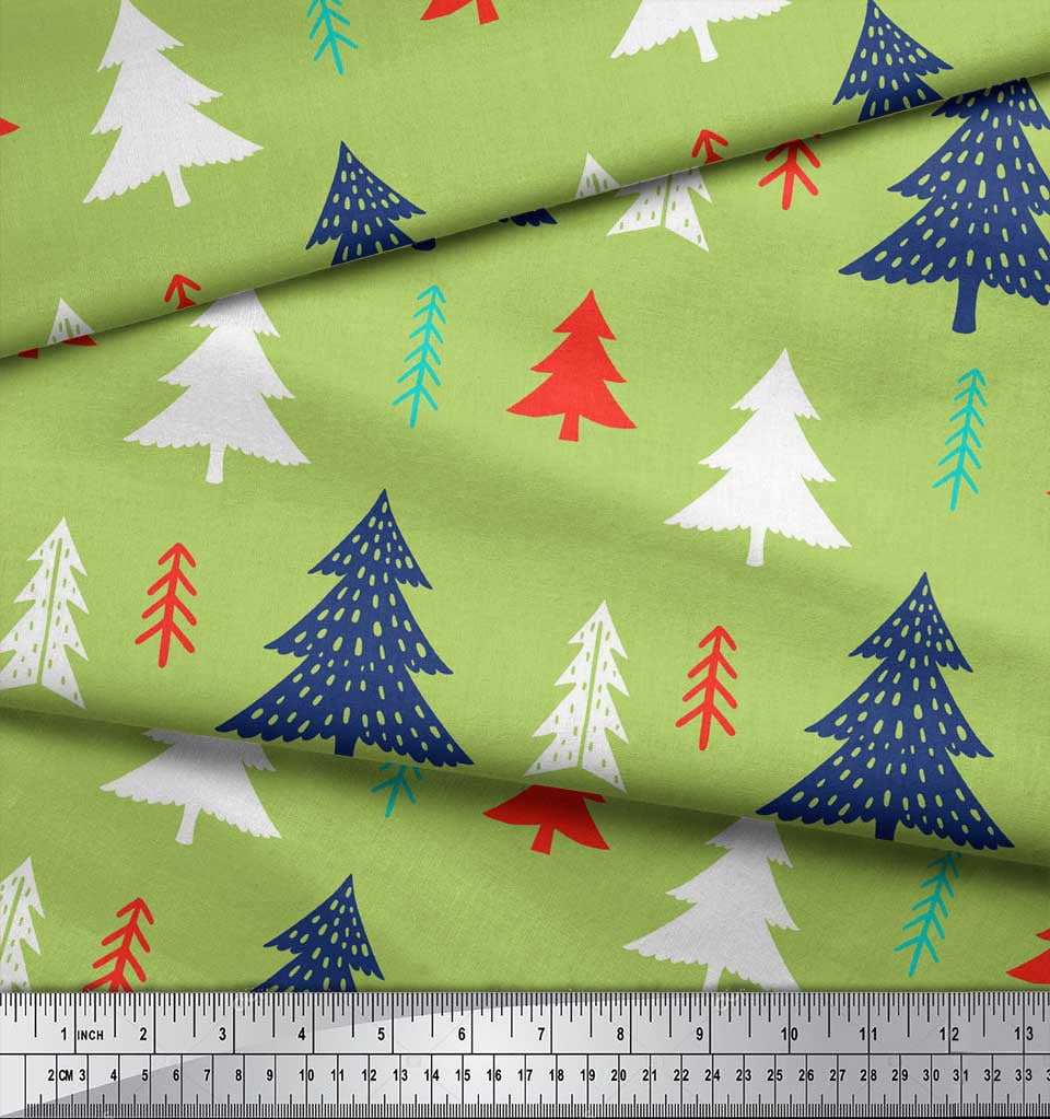 Soimoi Green Rayon Fabric Christmas Tree Decor Fabric Printed Yard 56 Inch Wide