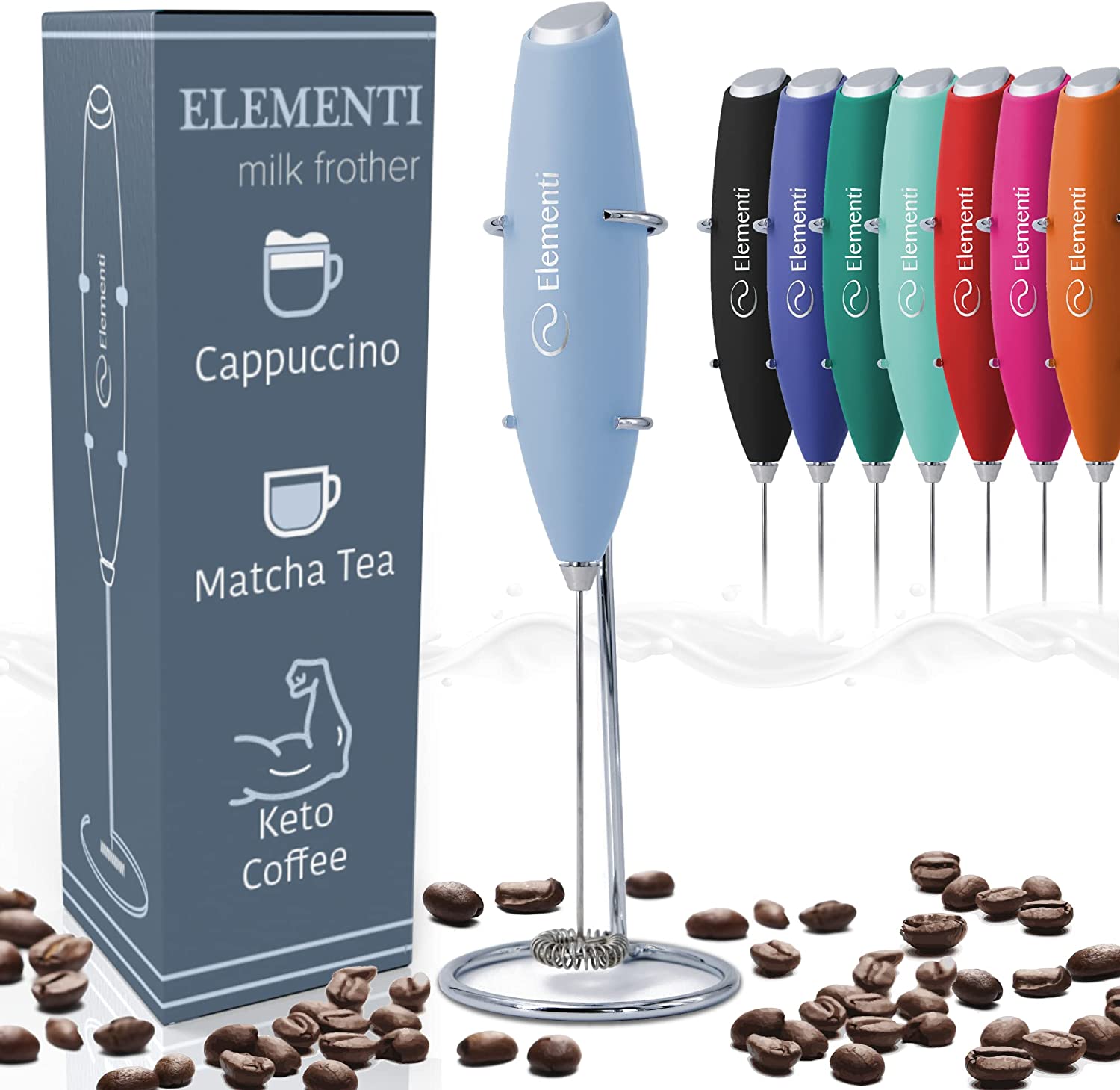 Elementi Milk Frother Handheld Electric Matcha Whisk (Pastel Blue