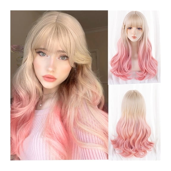 Long Wavy Wig with Bangs, Ombre Blonde to Pink Natural Curly Wig for Women Heat Resistant Synthetic Hallowed Cosplay Hair Wigs