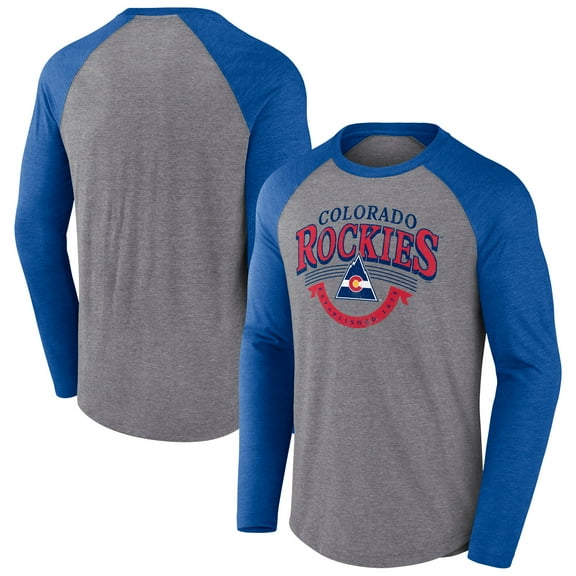 Men's Fanatics Heather Gray/Heather Blue CO Rockies Vintage Hockey Goal Crease Raglan Tri-Blend Long Sleeve T-Shirt