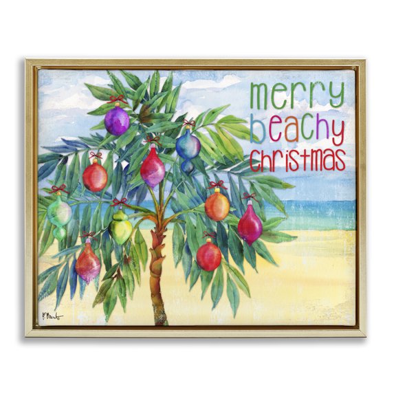 Stupell Industries Coastal Merry Beachy Christmas Holiday Palm Gold Floating Frame Canvas Art, 21 x 17, by Paul Brent