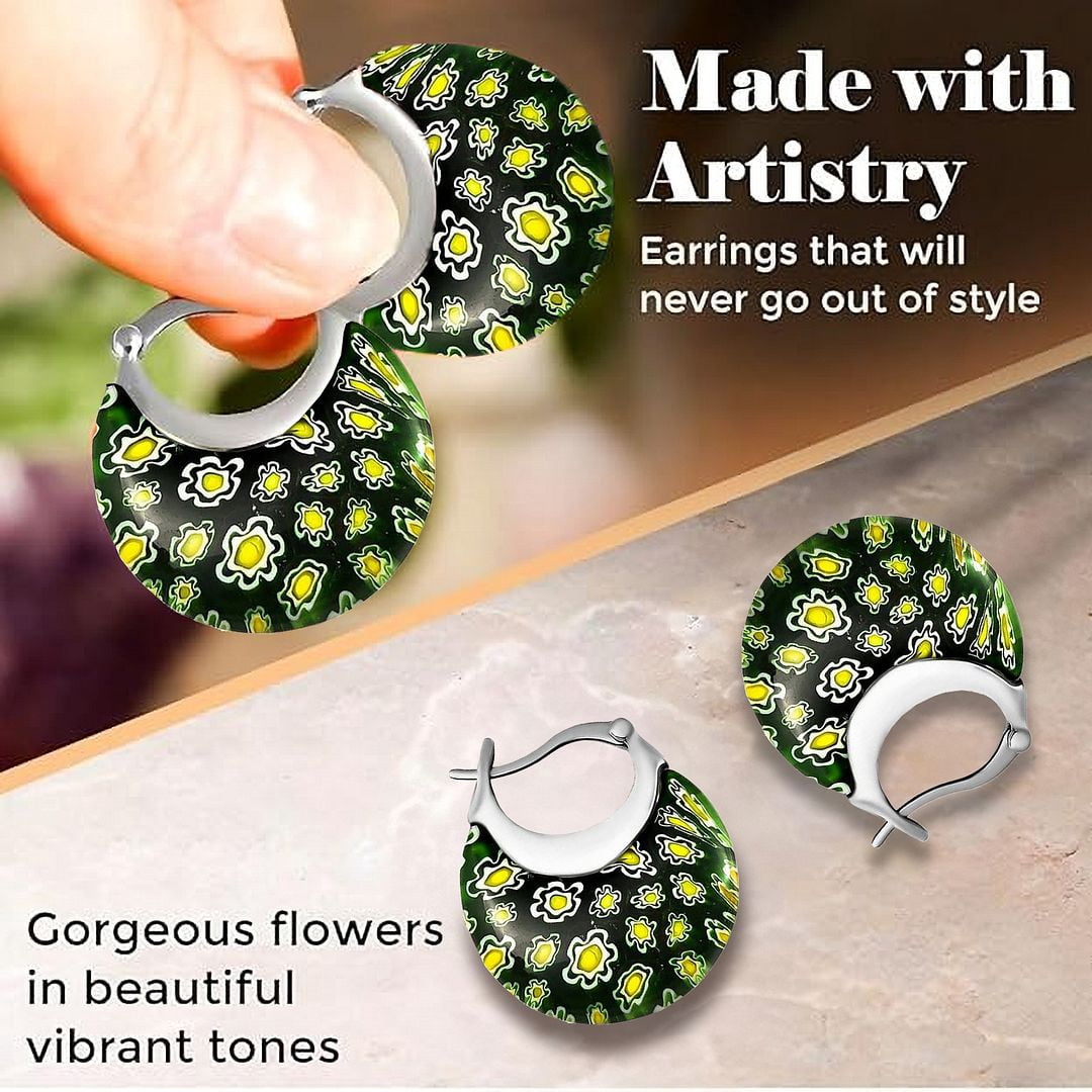 Green Murano Style Glass Hoop Earrings - Drop Dangle Earrings Stainless Steel Fun Daisy Flower Jewelry - Anniversary Engagement Her Ct. 30 Birthday Christmas Gifts