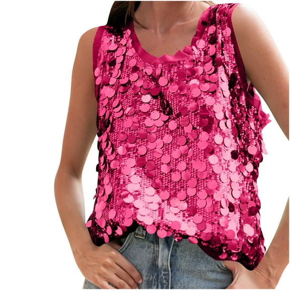 Htigea Womens Sparkly Sequins Sleeveless Tanks Summer Crewneck Tank Tops Trendy Party Wedding Club Night Out Outfits Hot Pink S