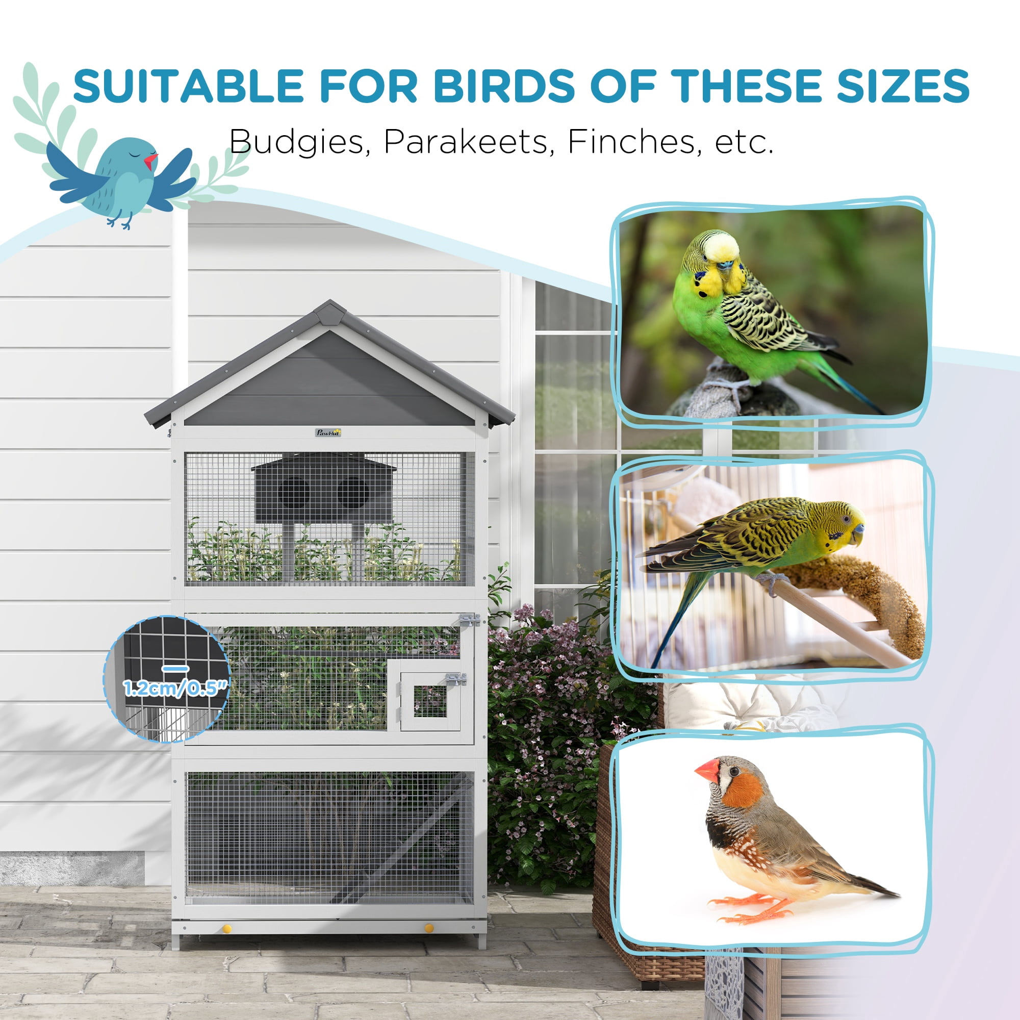 PawHut Wooden Bird Aviary with Slide-Out Tray, Birdhouse, Ladder, Perches