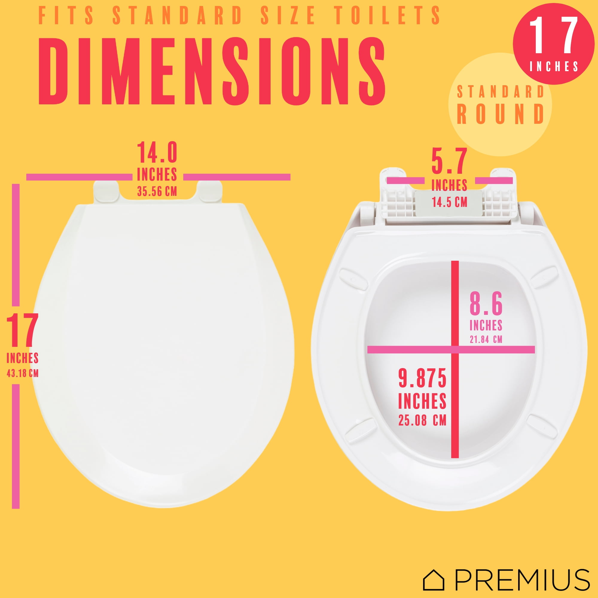 PREMIUS Slow Close Beveled Plastic Toilet Seat, White, Standard Round, 17 Inches