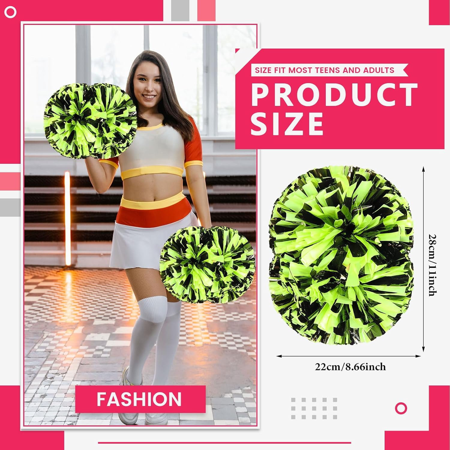 8 Pack Cheerleading pom poms,Handheld Cheer pom poms, Sports Cheer Plastic Pom Poms Cheerleading for Sports Team Spirit Cheering (Black+Green)
