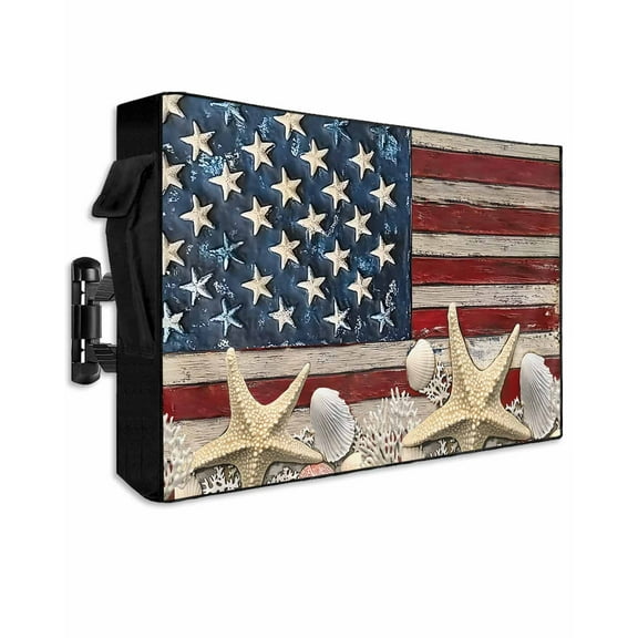 Coastal American Flag Outdoor TV Cover 48 to 50 Inch Weatherproof, Starfish Shell Vintage 600D Oxford TV Covers with Waterproof Zipper, Outside Flat TV Screen Protector Size 48"W x 30"H x 4.5"D