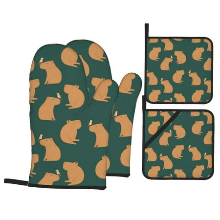 

Oven Mitts and Pot Holders 4 pcs Set Birds Capybaras Heat Resistant Pot Holders Oven Mitts for kitchen Non-Slip Hanging Loop Oven Glove Potholders for Baking Cooking