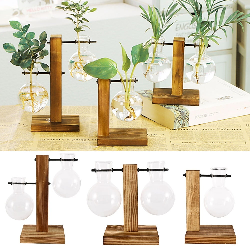 Glass Wood Vase Terrarium Tabletop Hydroponics Plant Bonsai Flower Pot Wooden 