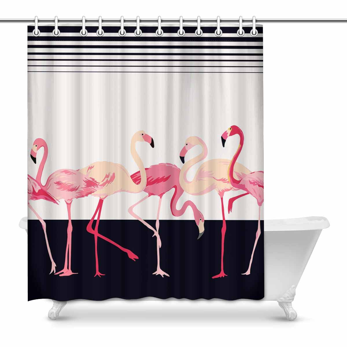 71" Tropical Pink Flamingo Green Stripes Shower Curtain Bathroom Accessory Sets 