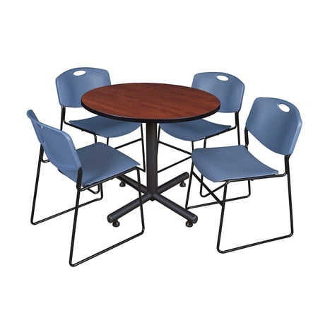 Regency Kobe 36 Round Breakroom Table- Cherry & 4 Zeng Stack Chairs- Blue