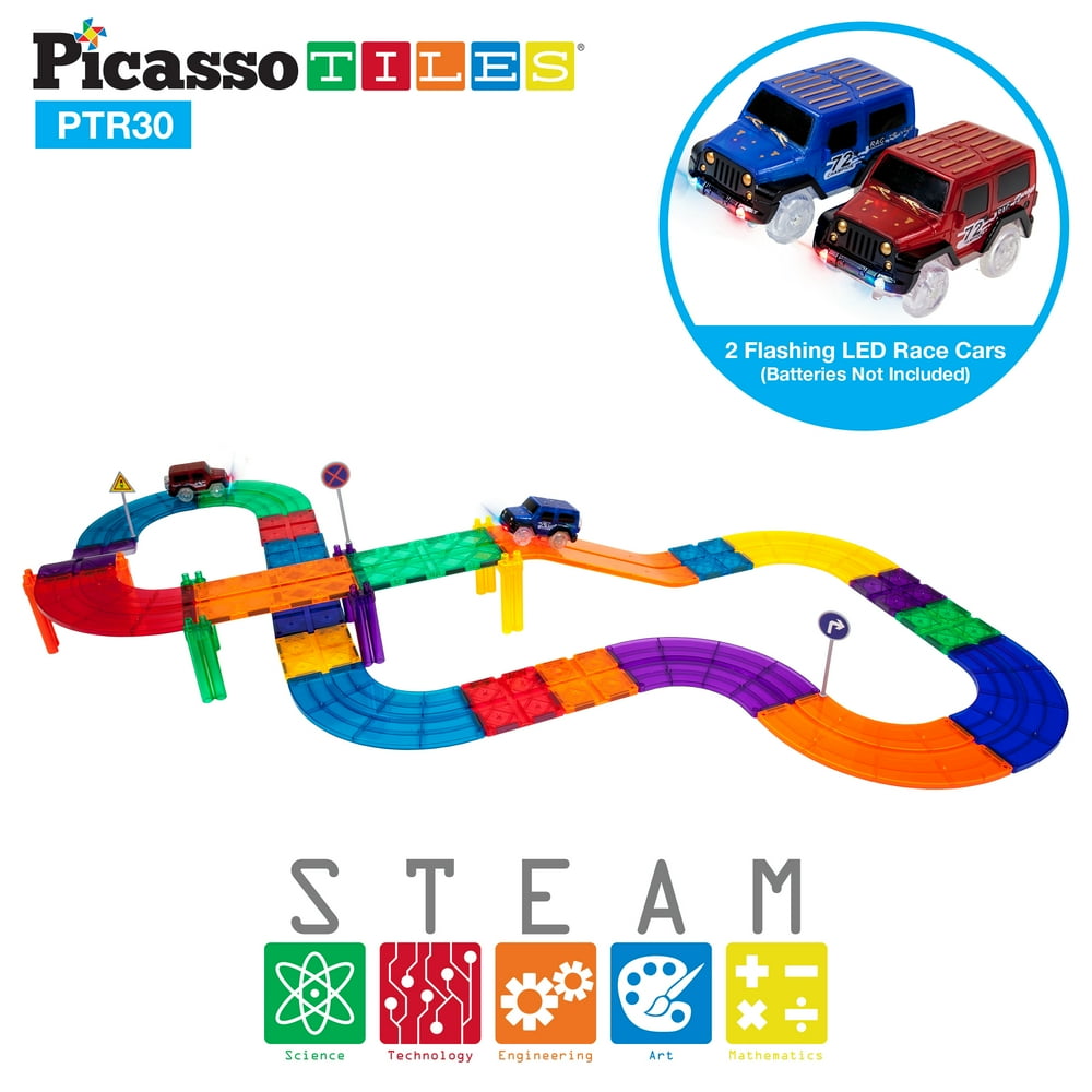 PicassoTiles 30 Piece Race Car Track Playset 2 with Light Up