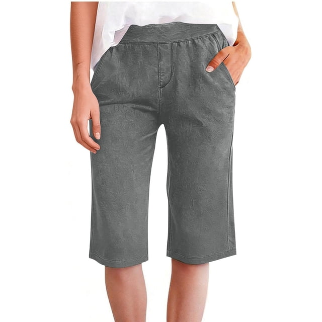 TaTaai Women Solid Color Loose Fit Denim Look Knee Length Shorts Drawstring Waist Casual Summer Style Lightweight Breathable Machine Washable No Fading Daily Outdoor Street Wear Gift