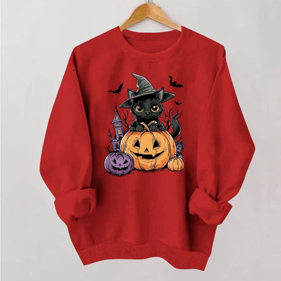 Trikvn Women's Fall Pullover Sweatshirt Black Cat Witch Hat Pumpkin Graphic Crewneck Long Sleeve Tops Casual Loose Fit Cute Halloween Shirts Apparel Comfortable Wear