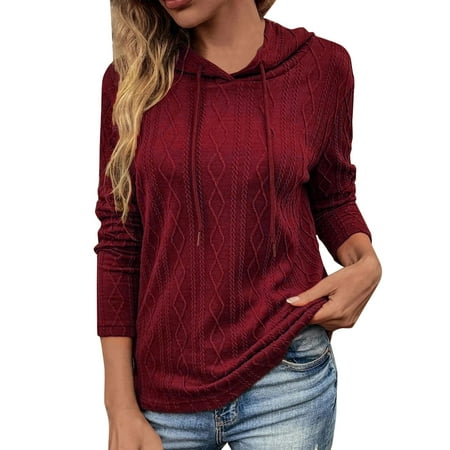 PFWOWB Red Oversized Sweatshirt for Women Drawcord Pullover Casual Long Sleeve Top Solid Color Sweatshirt Hoodie