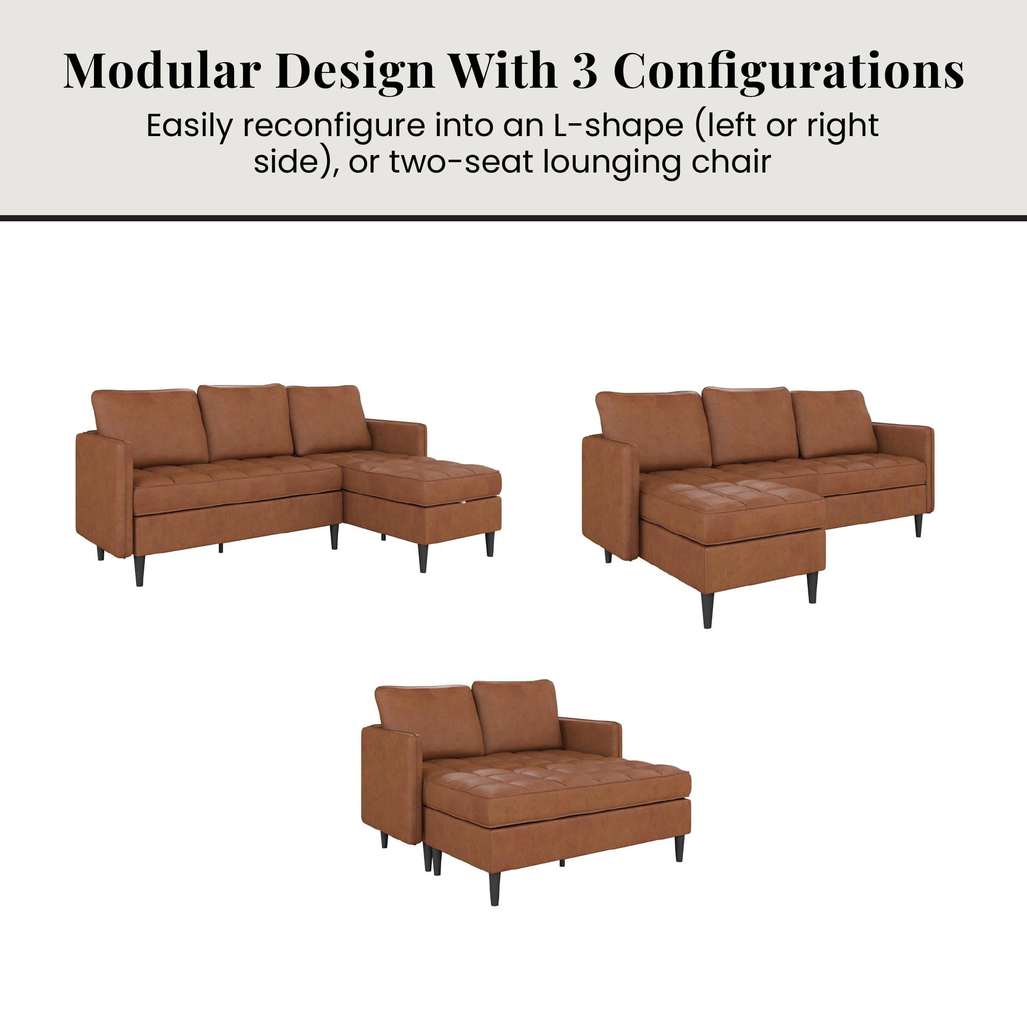 DHP Xandor Modular Sectional Sofa with Storage Chaise, Camel Faux Leather