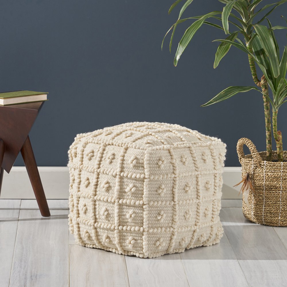 Noble House Joel Boho Wool and Cotton Ottoman Pouf, Ivory
