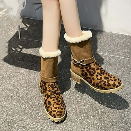 

Tejiojio Women s Large Size Leopard Print With Fleece Ankle Boots Chunky Heels and Bare Boots Valentine s Day Deals