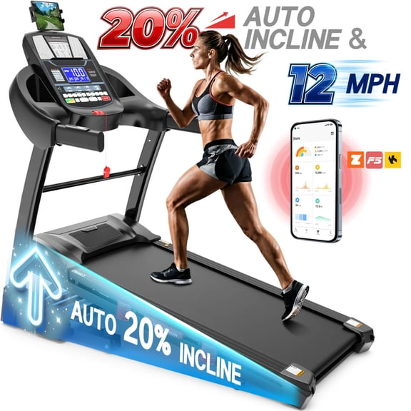 5.05HP 20% Auto Incline Treadmill for Home, 12 MPH 400 lbs Capacity, Portable Foldable Treadmill with 18"x 50"Running Area, HiFi Bluetooth Speaker, APP Control, Running Walking Electric Treadmill