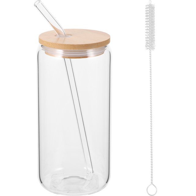 1 Set Glass Cup Coffee Cup Drinking Cup Water Cup Clear Drinks Cup with Bamboo Lid and Straw. The image shows a clear glass cup with a bamboo lid and a transparent straw inserted through the lid. The cup has a capacity of 500ml and features a sleek, cylindrical design. A cleaning brush for the straw is also included. The lid is designed to prevent spills and splashes, making it suitable for various beverages like coffee, juice, milk tea, and cocktails. Ideal for home or office use.