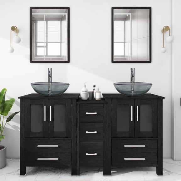 Eclife 60" Double Sink Bathroom Vanity with Manufactured Wood Top, Faucet and Drain