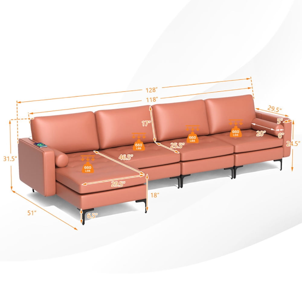 Finihen L-shaped Sectional Sofa Couch, Modular L-shaped 4-Seat Sectional Sofa with Reversible Chaise, for Living Room, Pink