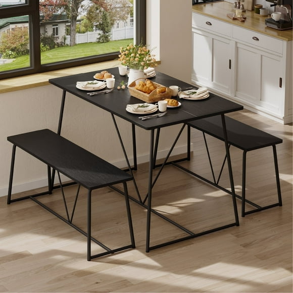 Pinmoco 3pcs Dining Table Set with 2 Benches Black Dining Room Table Set