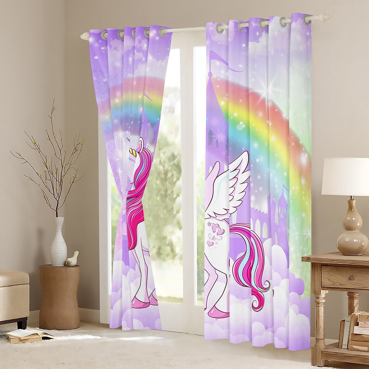 Erosebridal Chic Unicorn Curtains for Living Room,Cartoon Rainbow Blackout Curtains Set of 2(42x63),Fairy Castle Silhouette Curtains and Drapes(42x63) For Girls,Breathable Room Decoration