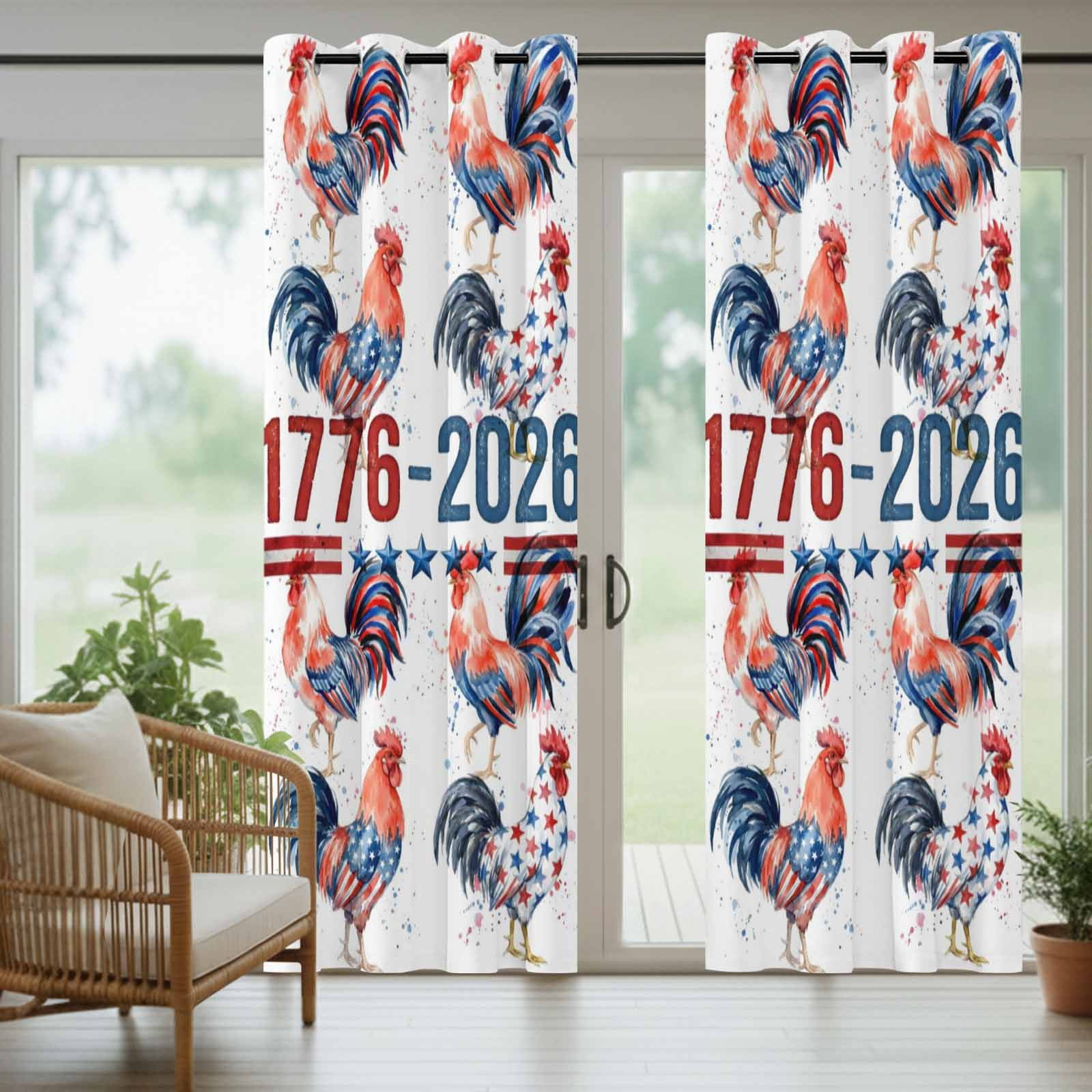Independence Day Outdoor Curtains for Patio, Watercolor Red Blue America Flag Rooster Sunshade Privacy Drapes Grommet Waterproof Outside Curtains for Porch/Cabana/Balcony 54"x 108", 1 Panel