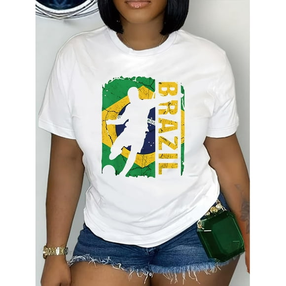 Brazilian Flag & Soccer Print Casual T-Shirt for Women - Crew Neck, Short Sleeve, Breathable Polyester, Machine WashableFather's Day, Mother's Day, New Year, Spring Festival, Valentine's Day, Indepe