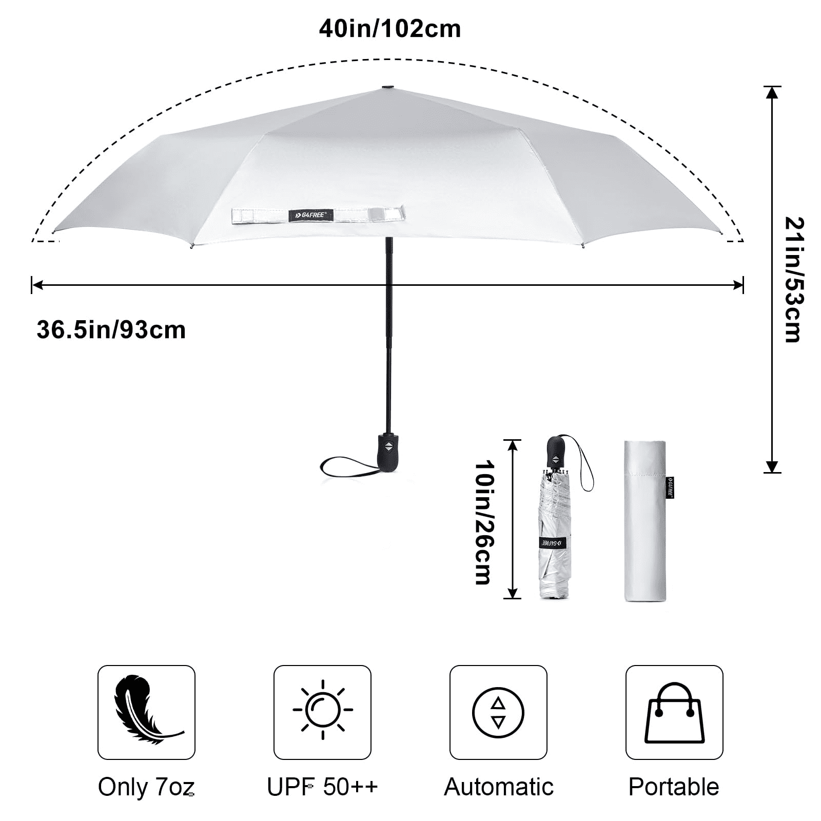 G4Free Travel Umbrella Ultralight UPF 50+ UV Protection Compact Umbrella Super Slim Small Mini Automatic Open and Close