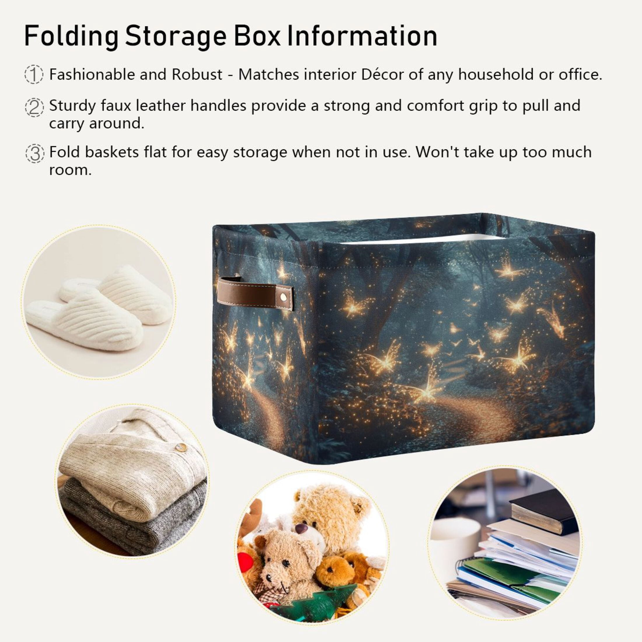 Fantasy Forest at Night Foldable Storage Basket,Canvas Fabric Foldable Storage Bins with Handles Open Home Storage Bins Boxes for Toy Book Shelf Closet Baskets