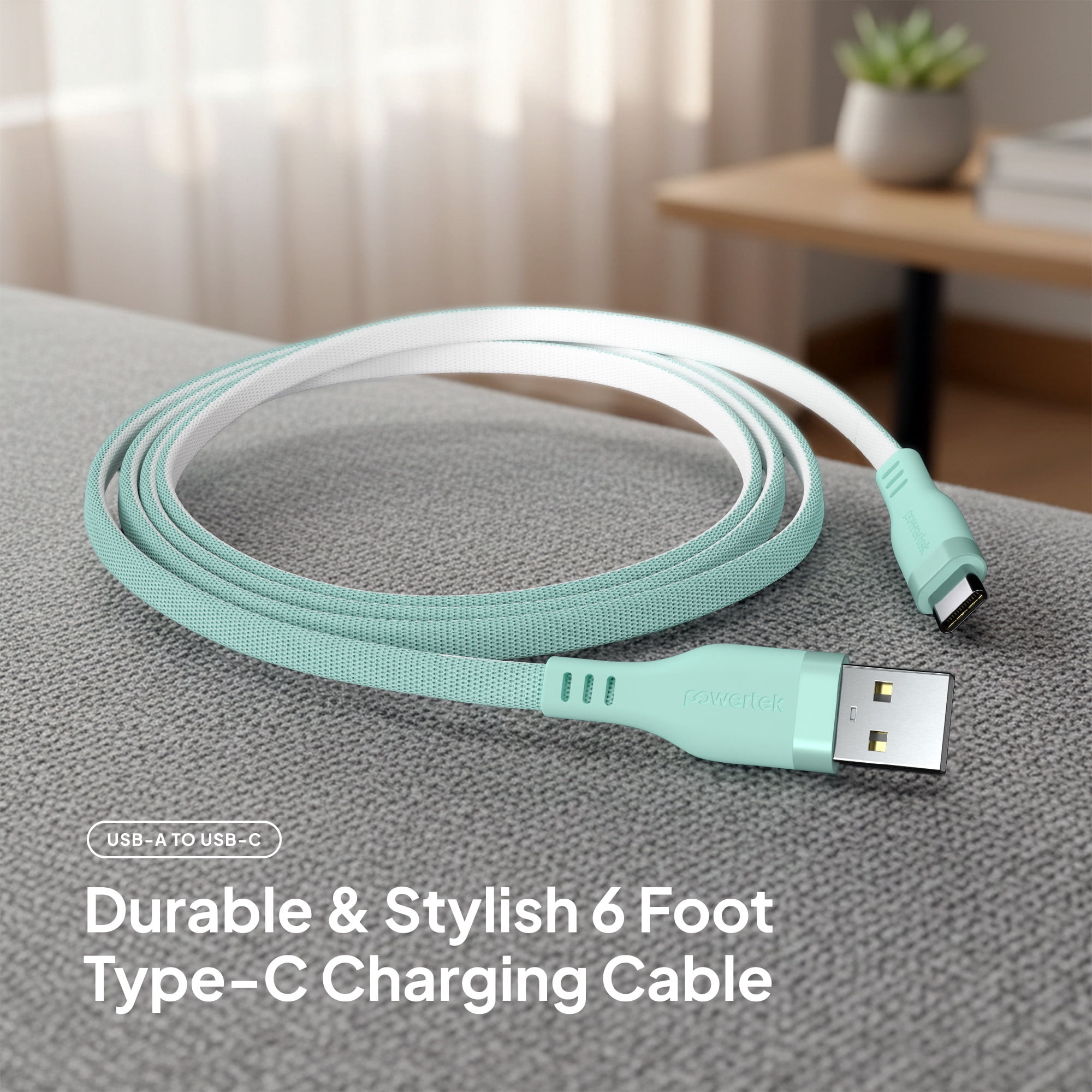 Powertek USB-A to USB-C Two-Tone Pastel Fast Charge Cable, 6 ft, Mint