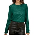 thumbnail image 2 of Feancey Women's Sequin Dressy Tops Sparkly Glitter Long Sleeve T Shirts Cocktail Party Backless Elegant Tunics Round Neck Loose Shiny Blouse Green M, 2 of 7