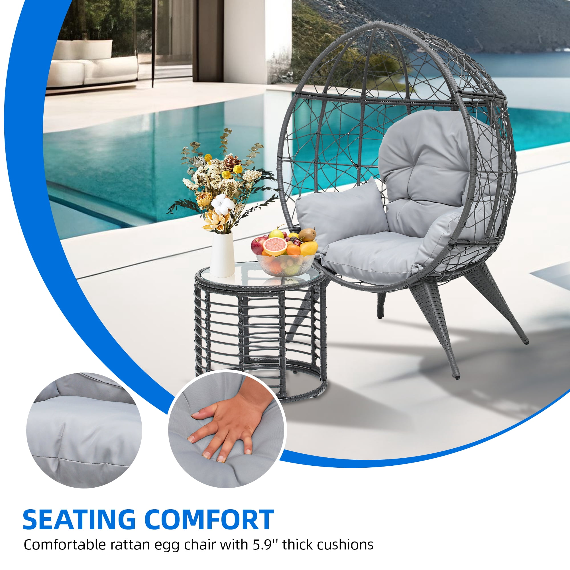 Uforic Outdoor Rattan Egg Chair with Table, Cushioned for Patio, Garden, Backyard, Porch, Gray