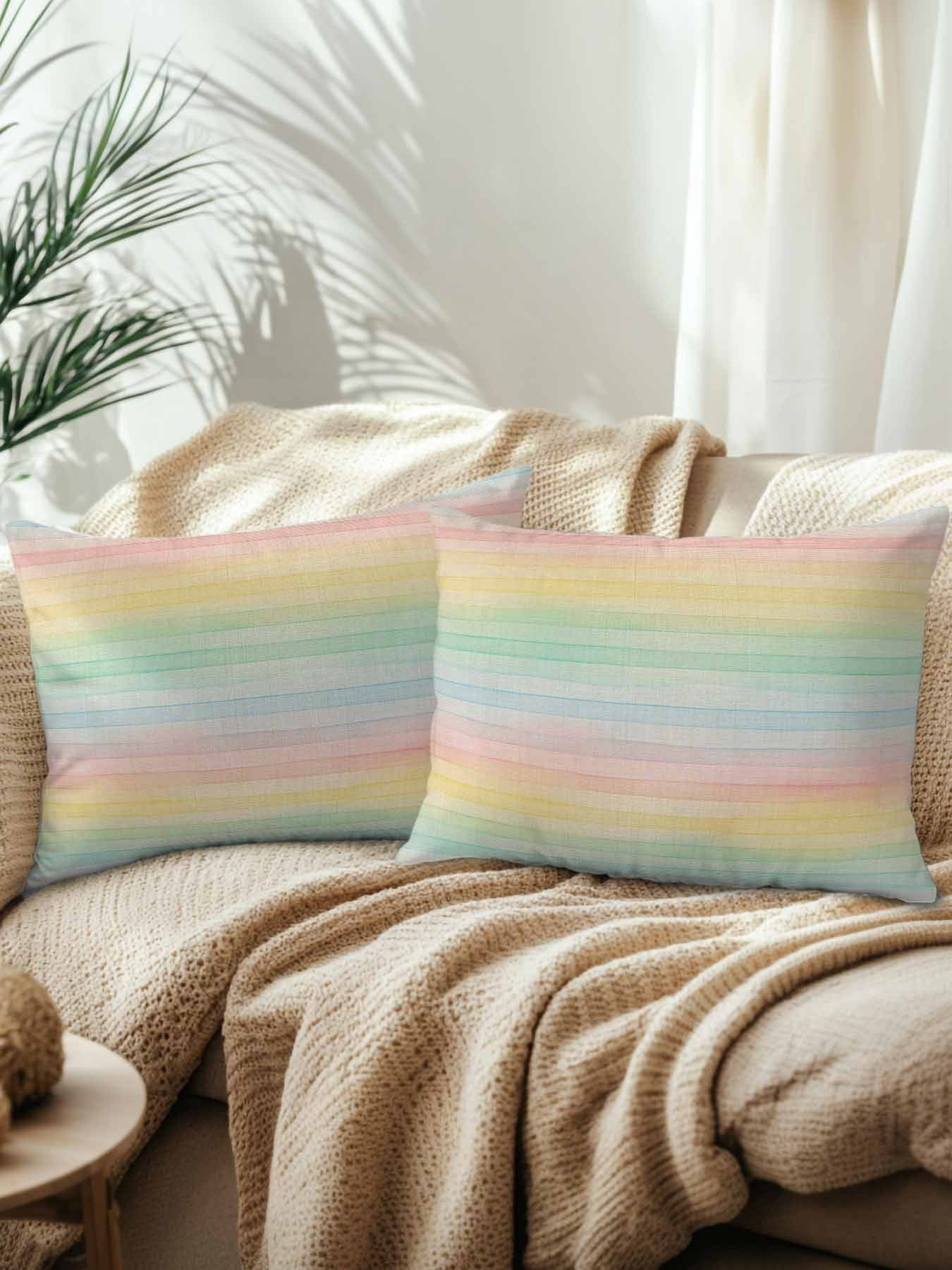 Outdoor Throw Pillow Set of 2, Colorful Striped Waterproof Pillow with Insert Included, Farmhouse Vertical Striped Burlap Rustic Decorative Accent Cushion Lumbar Pillows for Patio Porch, 12 x 20 In