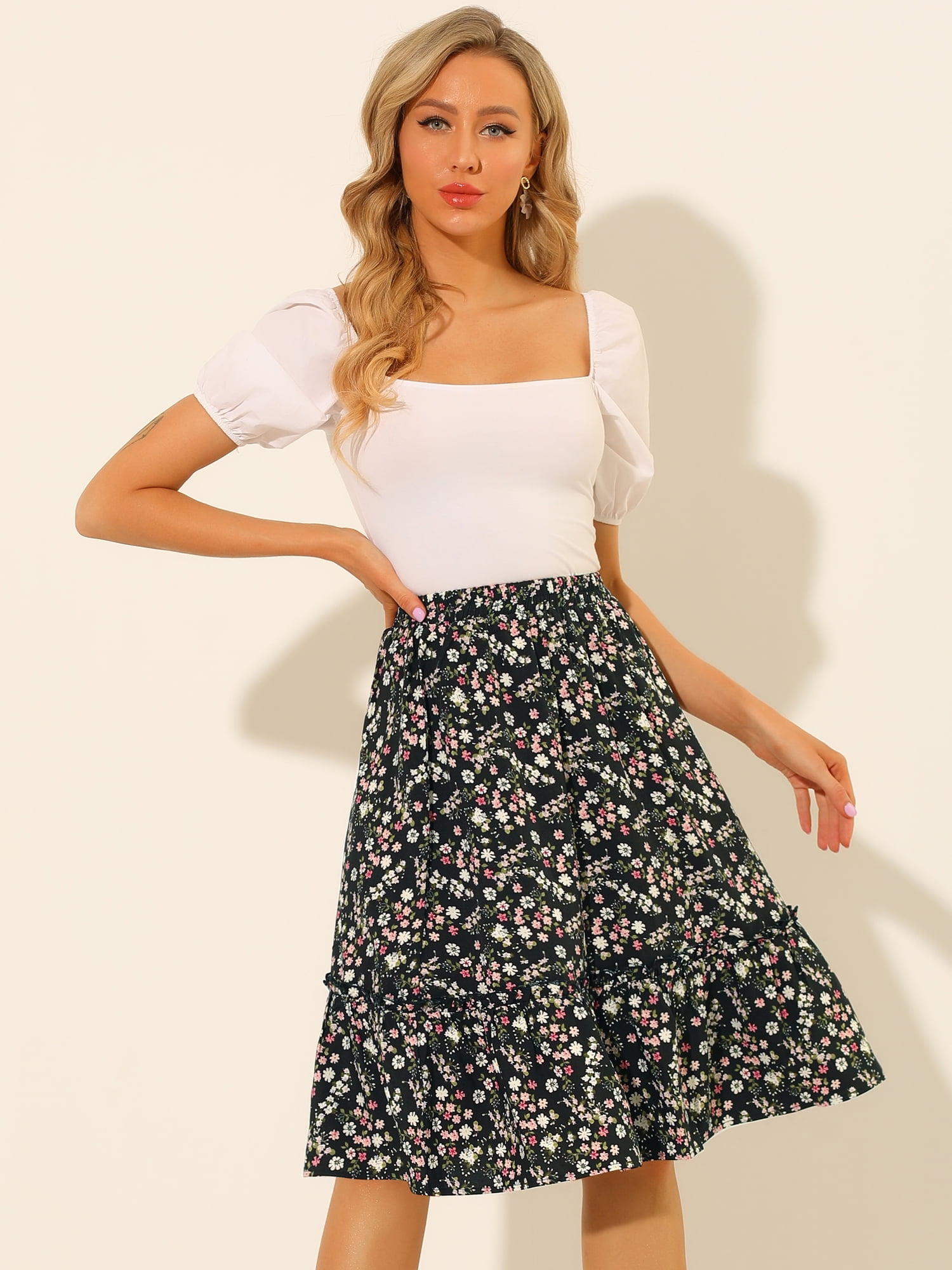 DARING DIVA Women's Flowy Ruffle Hem Tiered Floral Midi Skirt 2XL Black