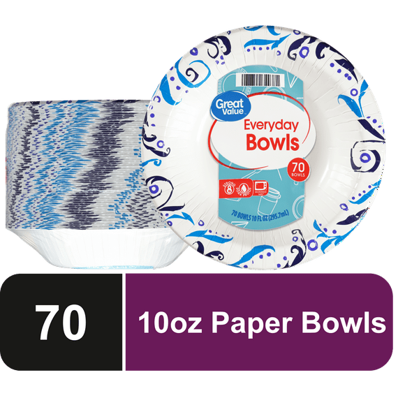 Great Value Everyday Strong, Soak Proof, Microwave Safe, Disposable Paper Bowls, 10 oz, 70 Bowls