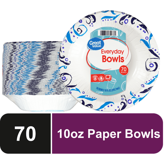 Great Value Everyday Strong, Soak Proof, Microwave Safe, Disposable Paper Bowls, 10 oz, 70 Bowls, Patterned