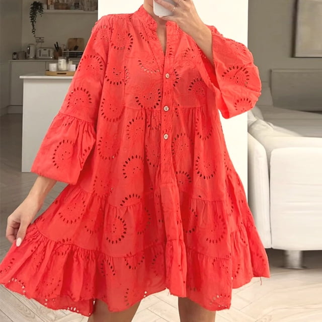 Femmes Rue Élégante Robe Décontractée Dame V-Cou Sept-Partie Manches Volant Robes Été Mode Dentelle Jacquard Creux Robes Courtes