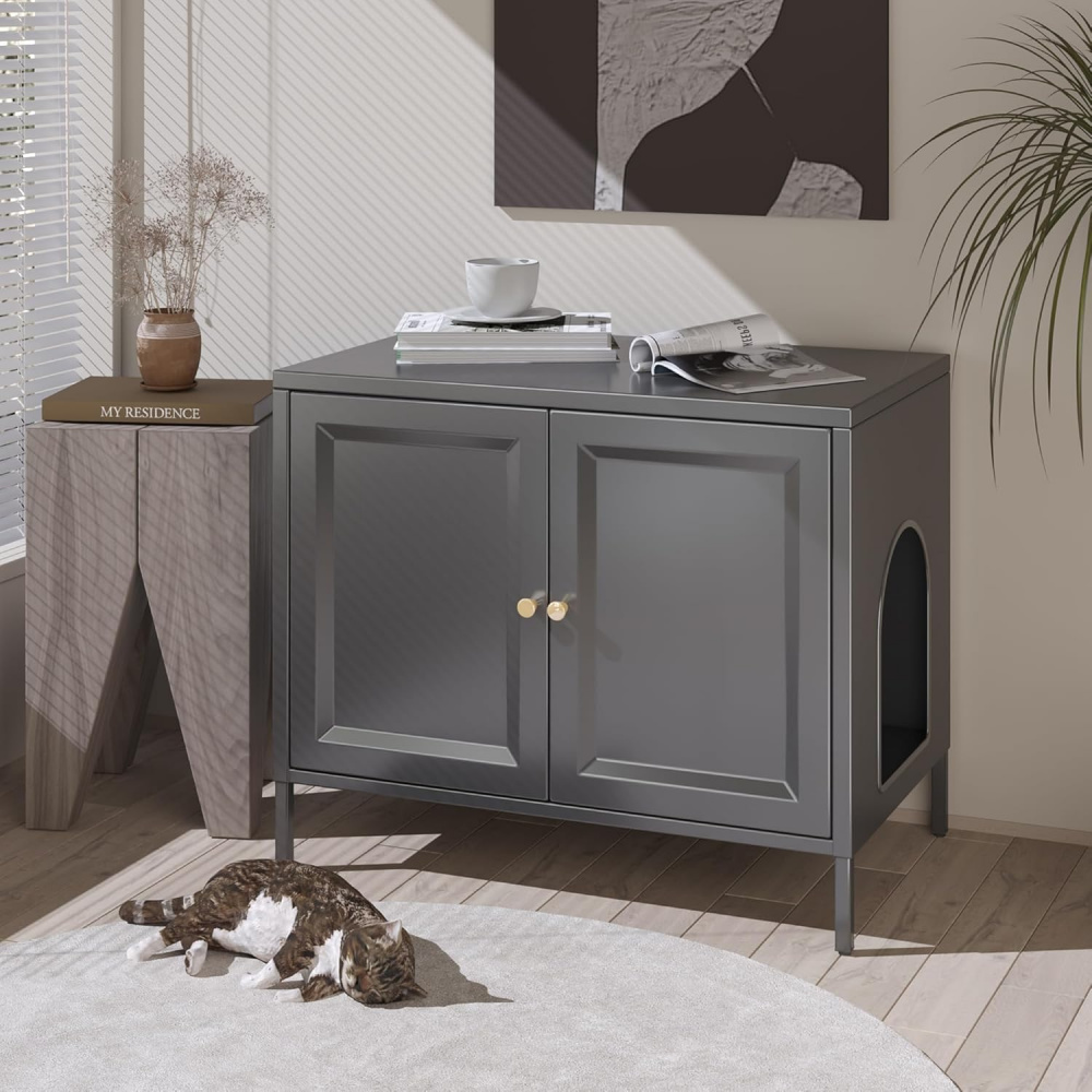 Metal Cat Litter Box Furniture with Barn Door, Fits Most Litter Boxes, Black, Assembly Required