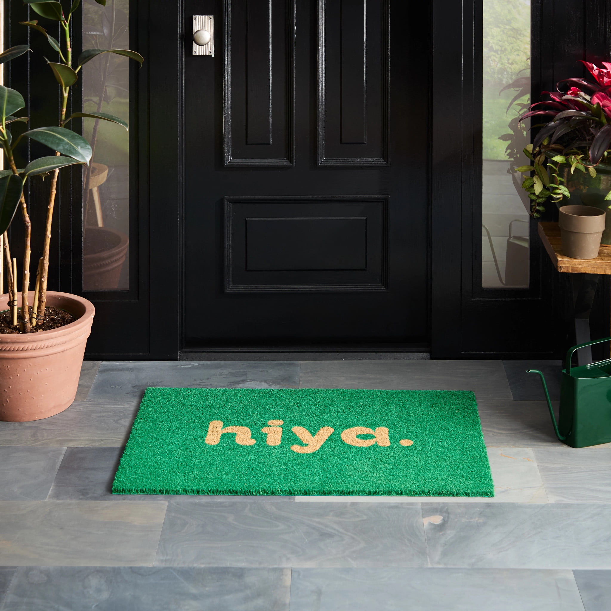 TOWN & COUNTRY TERRA Hiya Painted Welcome Outdoor Door Mat, Natural Coir, Heavyweight, Non-Slip Entryway Mat, Green, 24"x36"