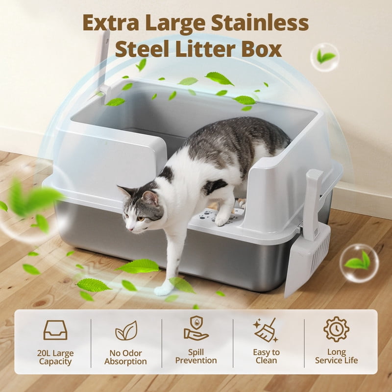 DOMIPET Extra Large Stainless Steel Cat Litter Box, Metal Litter Pan With Lid, 2x Scoop, High Sided, Leak-Proof & Easy Cleaning
