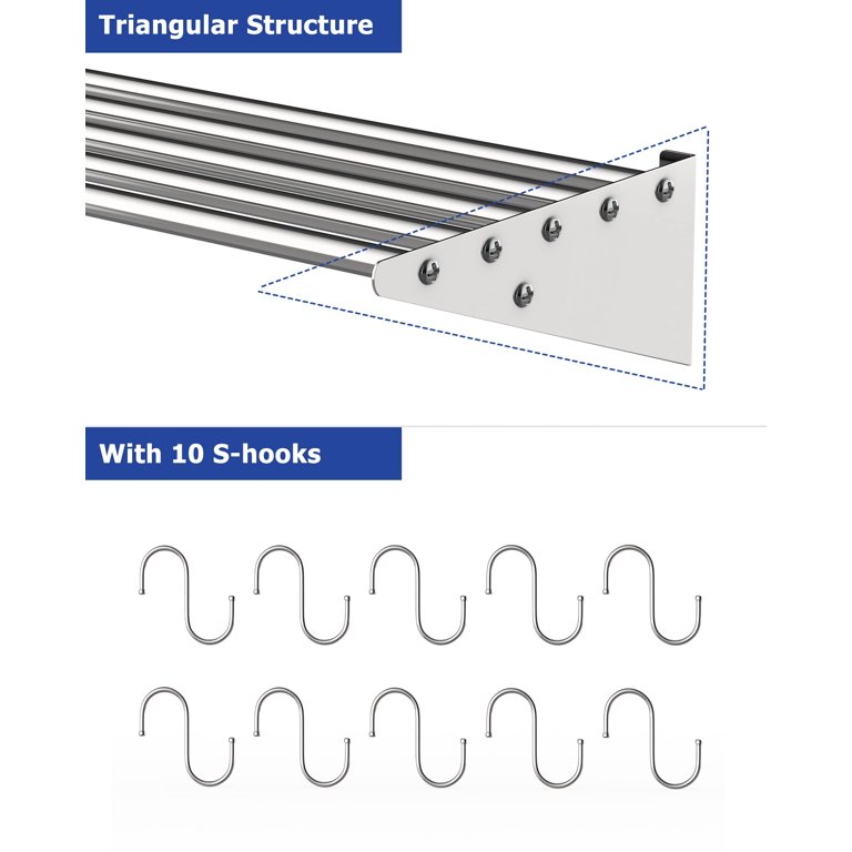  RIEDHOFF Metal Kitchen Rack for Storage and Organization, [NSF  Certified] 12 x 36 Stainless Steel Wall Mount Shelf with 10 S Hooks for  Hanging Pots, Pans, Cookware in Home and Restaurant 