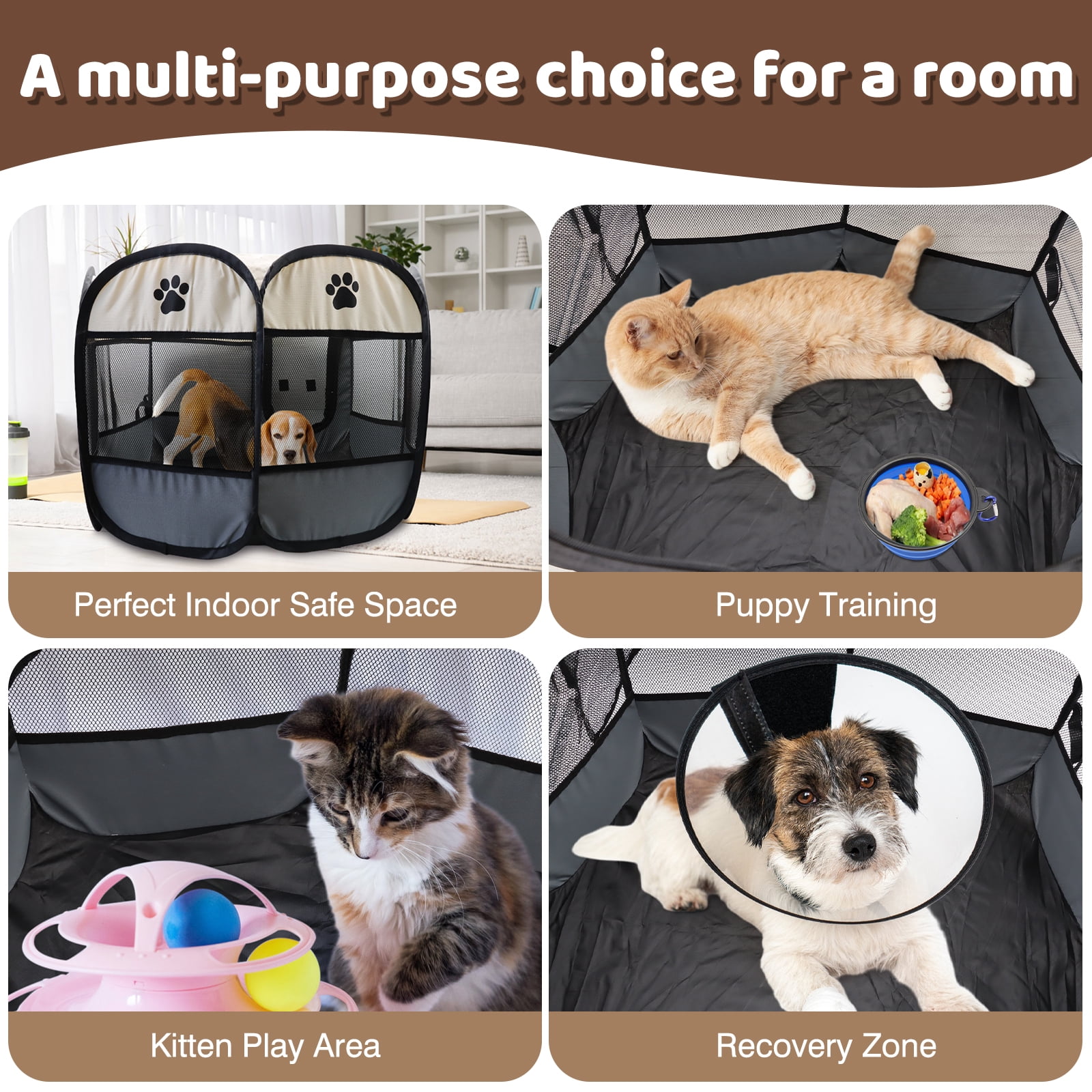 SPOKKI Pet Playpen Tent for Dogs & Cats, Portable Foldable Kennel with Carry Bag, 10 Pee Pads, Collapsible Bowl & ID Collars – Silver Gray, 29" x 18.5" (Indoor/Outdoor Use)