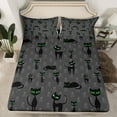 thumbnail image 2 of Manfei Black Green Cat Print Twin Sheet Sets, Gothic Skull Skeleton Twin Fitted Sheet, Cartoon Animal Theme Flat Sheet, Super Cozy Room Decor, 3-Piece, 2 of 7
