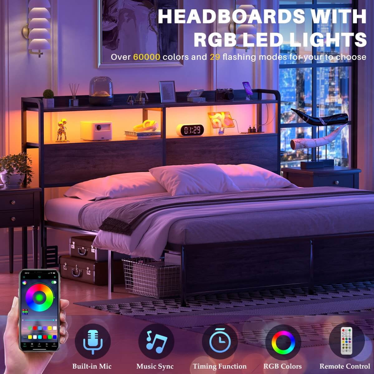 Homieasy Headboard for Queen Size Bed Frame, Headboards with Outlets, USB Ports and LED Light, Head Board with Storage, Height Adjustable, Sturdy and Stable Headboard, Black Oak