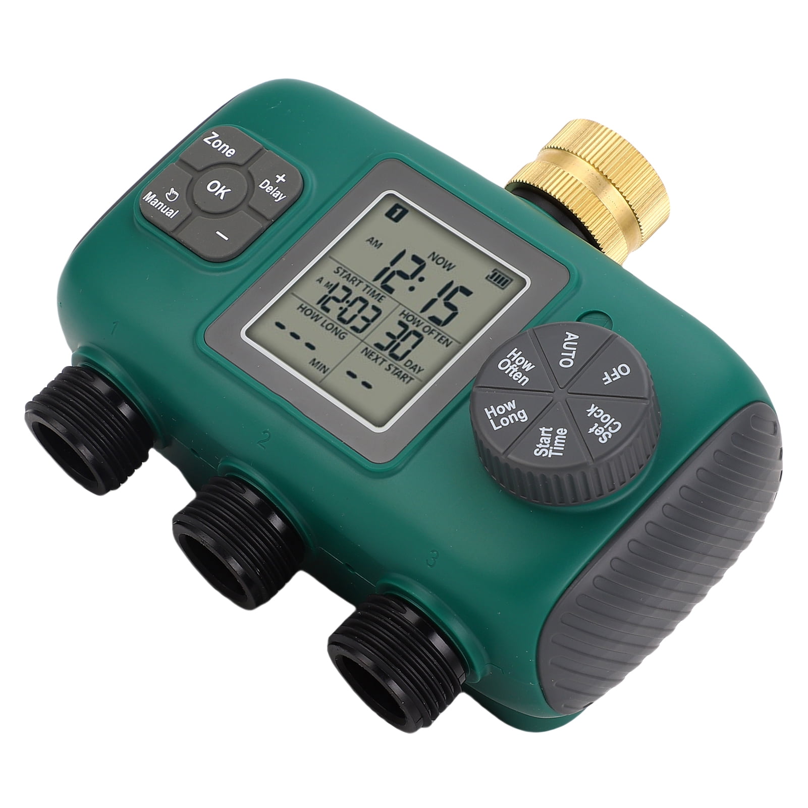 NFTIGB 3 Outlet Sprinkler Timer Heavy Duty Brass Inlet Port 3 Way Automatic Garden Hose Watering Controller with Large Digital LCD Display and Weatherproof IPX5 Shell (6.30 in / 16.0 cm Length)