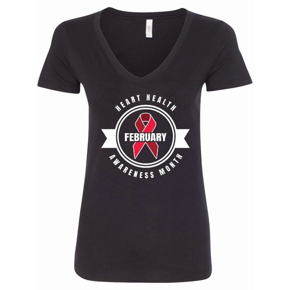Inktastic Heart Health Awareness Month February with Red Ribbon Badge Women's V-Neck T-Shirt